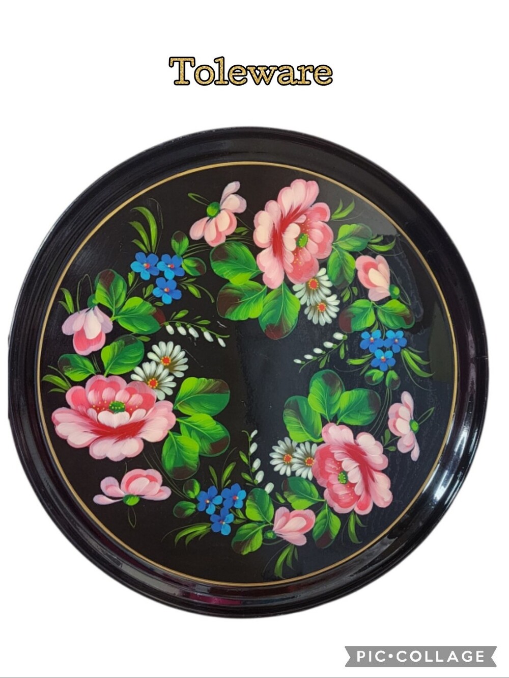 Toleware tray metal, hand painted, colorful floral on black background